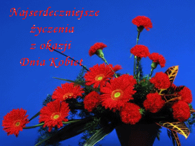 Niebieska kartka z brokatowymi kwiatami i życzeniami na 8 marca